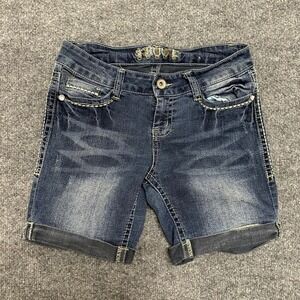 Truce Denim Shorts Womens Size 7 Blue Ramie Cotton Cuffed Embroidered Rhinestone
